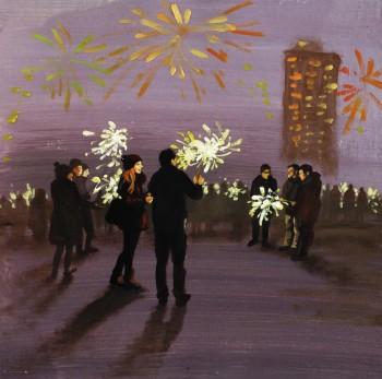 Feuerwerk in Travemünde (1) — 25x25cm Öl, Acryl auf Kraftpapier 2016