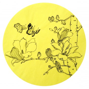 Schmetterlinge spielen mit Magnolien — ∅27cm Tinte auf Papier 2014