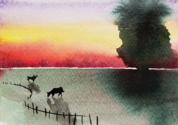 Sonnenuntergang hinter dem Feld — 17x12cm Aquarell auf Papier 2012