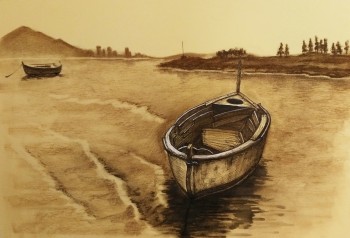 Boot im Wasser — 40x30cm Kohle, Tinte auf Kraftpapier 2017